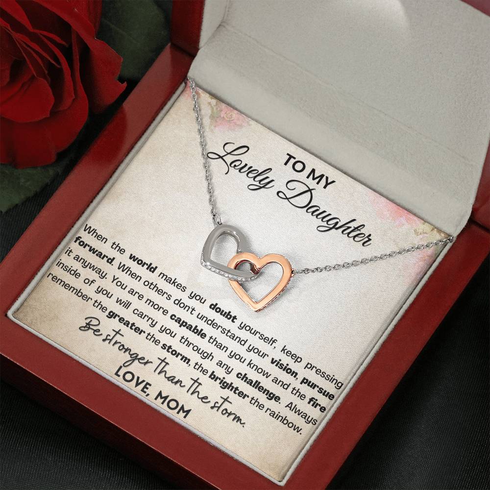 Empowering Gift for Daughter - Interlocking hearts necklace with Heart melting message card . Be stronger than the storm