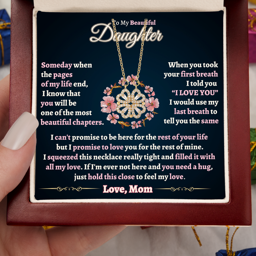 Gift for Daughter - Lucky 4 Leaf Clover Necklace With Message Card & Rose Gift Box