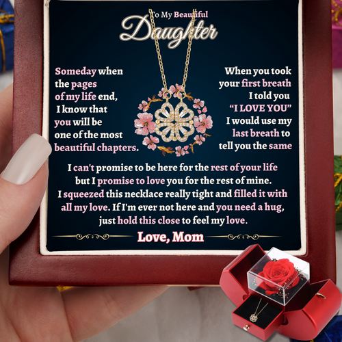 Gift for Daughter - Lucky 4 Leaf Clover Necklace With Message Card & Rose Gift Box