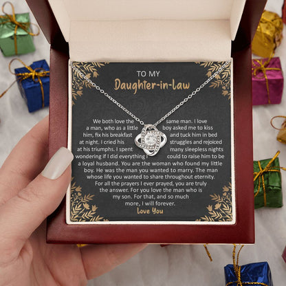 To My Daughter-in-Law: Love Knot Necklace with Heartfelt Message from Mother-in-Law - same man - TFG
