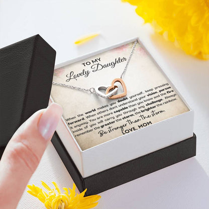 Empowering Gift for Daughter - Interlocking hearts necklace with Heart melting message card . Be stronger than the storm