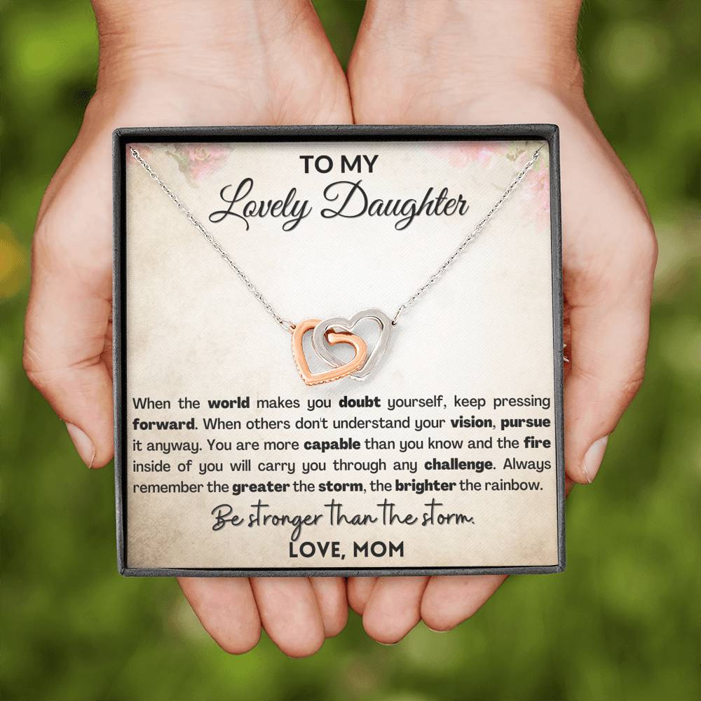 Empowering Gift for Daughter - Interlocking hearts necklace with Heart melting message card . Be stronger than the storm