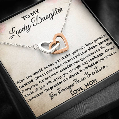 Empowering Gift for Daughter - Interlocking hearts necklace with Heart melting message card . Be stronger than the storm