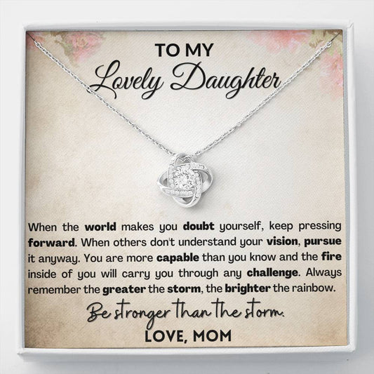 Empowering Gift for Daughter From Mom | Love knot necklace with message card Be stronger than the storm