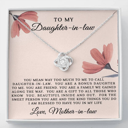 To My Daughter-in-Law: Love Knot Necklace with Heartfelt Message from Mother-in-Law- Blessed