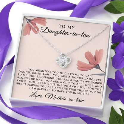 To My Daughter-in-Law: Love Knot Necklace with Heartfelt Message from Mother-in-Law- Blessed