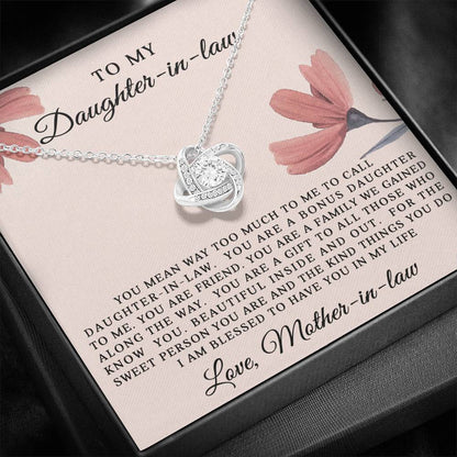 To My Daughter-in-Law: Love Knot Necklace with Heartfelt Message from Mother-in-Law- Blessed