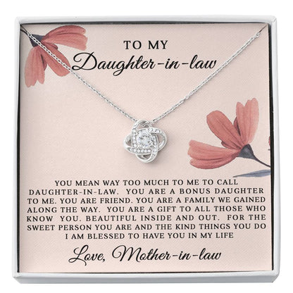 To My Daughter-in-Law: Love Knot Necklace with Heartfelt Message from Mother-in-Law- Blessed