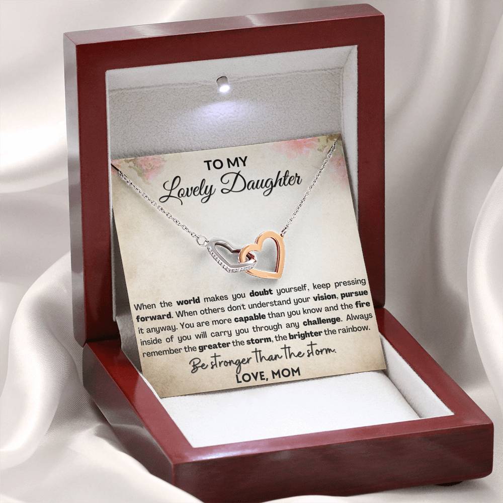 Empowering Gift for Daughter - Interlocking hearts necklace with Heart melting message card . Be stronger than the storm