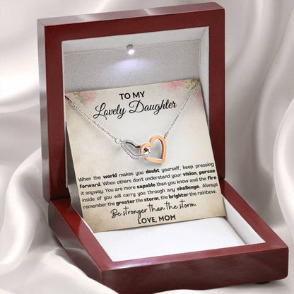 Empowering Gift for Daughter - Interlocking hearts necklace with Heart melting message card . Be stronger than the storm