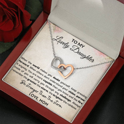 Empowering Gift for Daughter - Interlocking hearts necklace with Heart melting message card . Be stronger than the storm