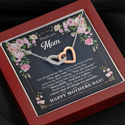 Mothers Day Gift For Mom Interlocking Hearts Necklace With Heartwarming Card Thank You Mom
