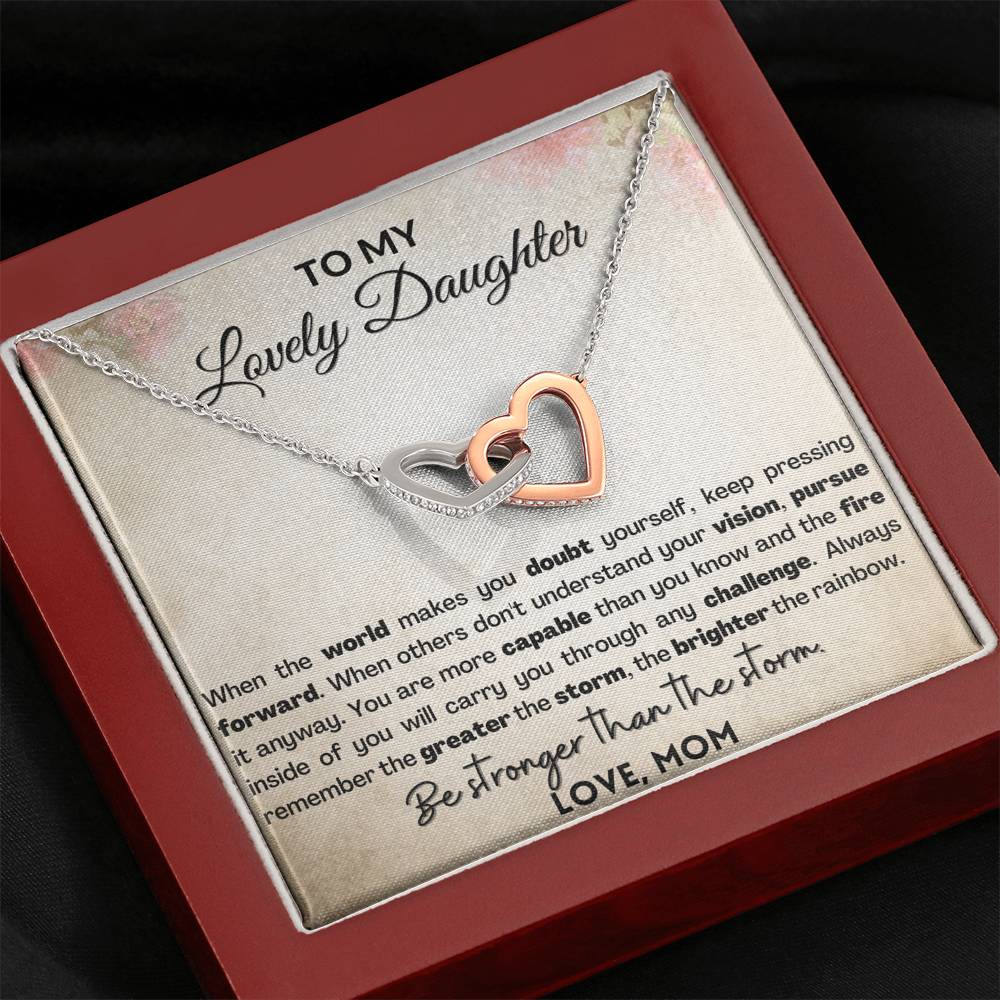 Empowering Gift for Daughter - Interlocking hearts necklace with Heart melting message card . Be stronger than the storm