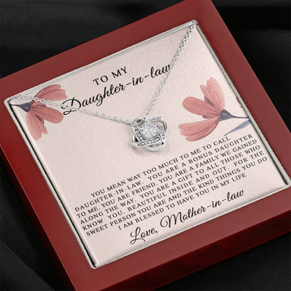 To My Daughter-in-Law: Love Knot Necklace with Heartfelt Message from Mother-in-Law- Blessed