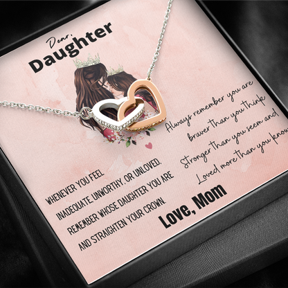 Dear Daughter (Personalize), Straighten Your Crown. Interlocking Hearts Necklace with Empowering Card. Gift For Daughter From Mom