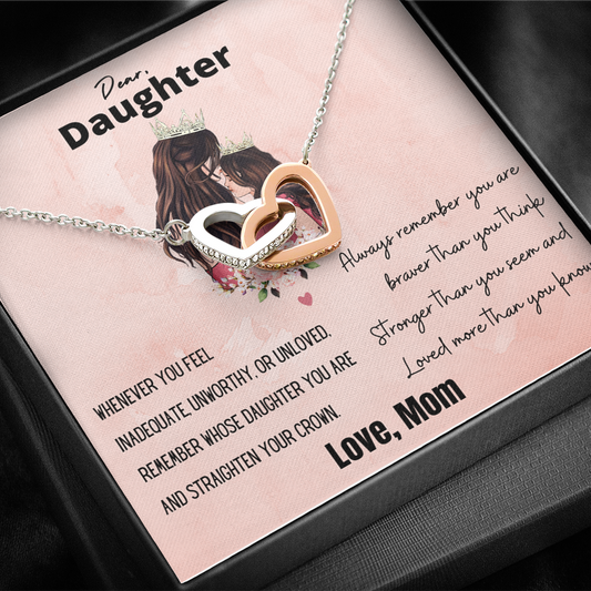 Dear Daughter (Personalize), Straighten Your Crown. Interlocking Hearts Necklace with Empowering Card. Gift For Daughter From Mom